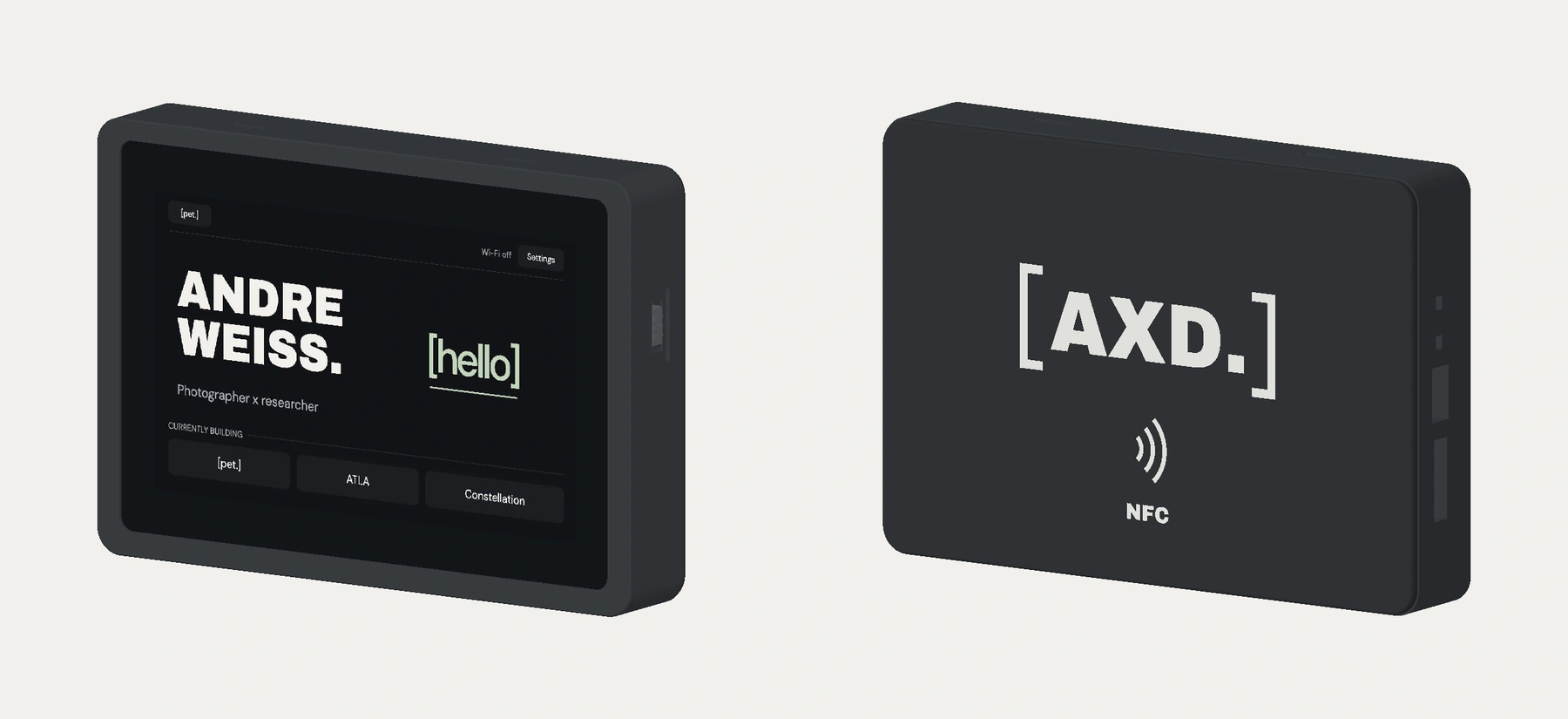 Front and rear CAD views of PET: centered rear AXD and NFC artwork, a side power switch, USB-C, SD, and two service-button openings.