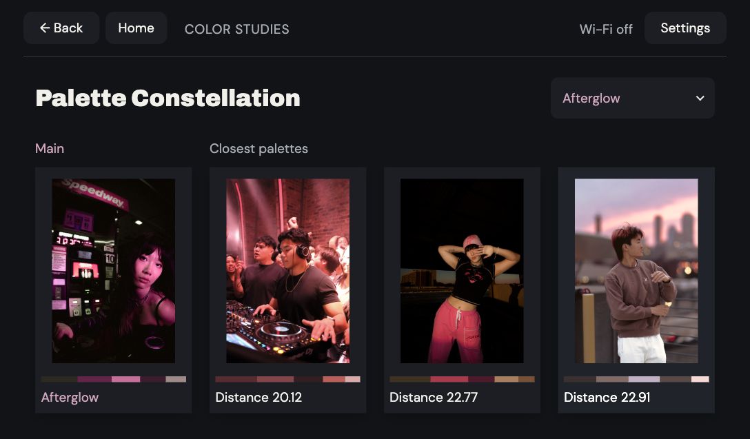 Current PET photography screen, showing four photographs and their color palettes.
